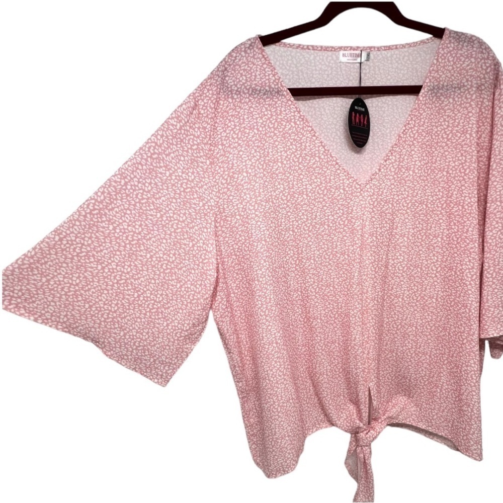Bluetime NEW Pink & White Print V Neck 3/4 Sleeve Tie Front Top Women’s 2XL - Picture 5 of 9